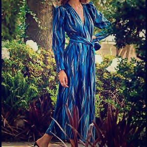 Elegant Feather Print Blue V Neck Wrap Maxi Dress